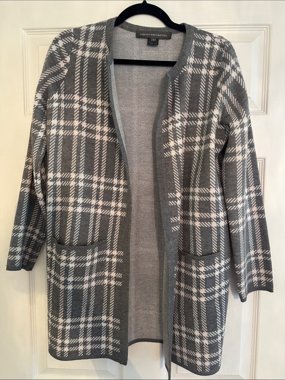 French Connection Gray and White Plaid Open-Front Cardigan